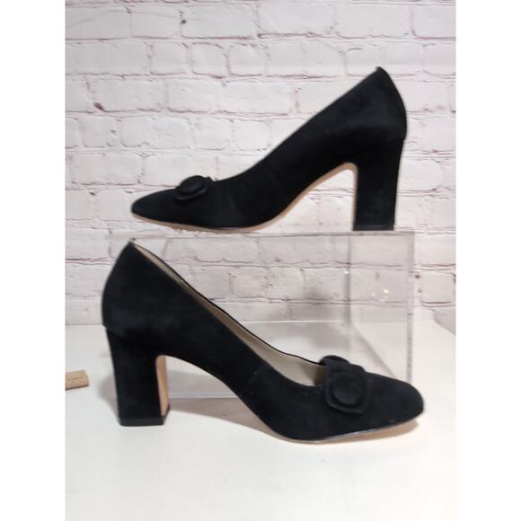 Boden Black Suede Leather Block Heel Pumps US 6 EU 37 Button Detail Square Toe - Picture 2 of 13